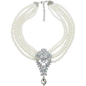 Long Tassel Chunky Boho Pearls and Rhinestone Statement Necklace Women Silver